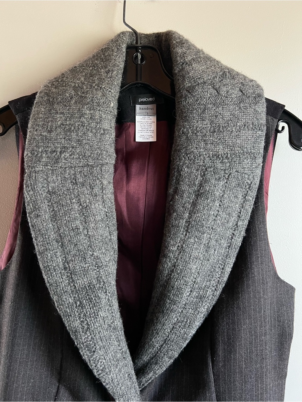Preloved Handcut Wool Blend Vest Size 8 Gray Knit Collar Tie Back Canada - Picture 2 of 9